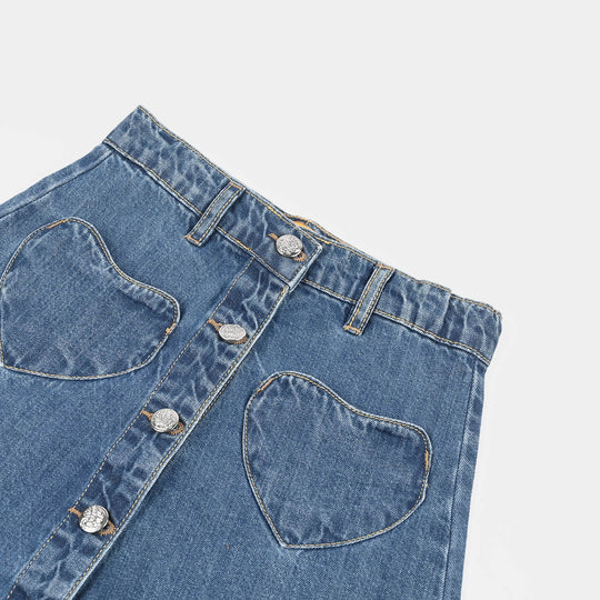 Girls Denim rigid Skirt Heart Patch-M.Blue