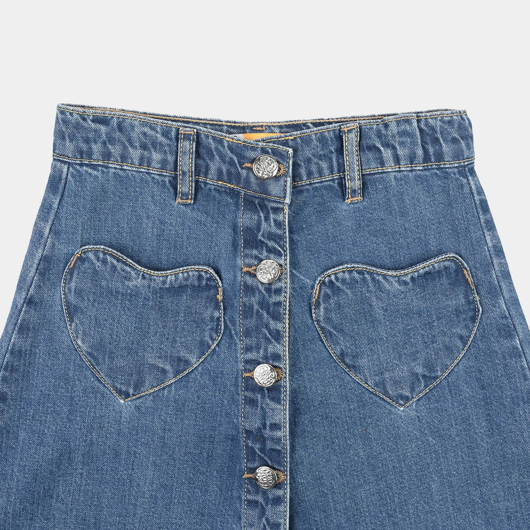 Girls Denim rigid Skirt Heart Patch-M.Blue