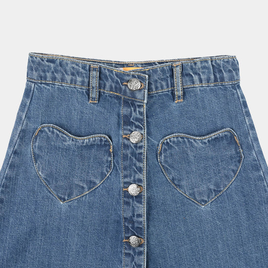 Girls Denim rigid Skirt Heart Patch-M.Blue