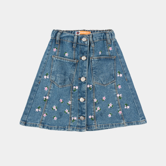 Girls Denim Rigid Skirt (Flower) - Mid Blue