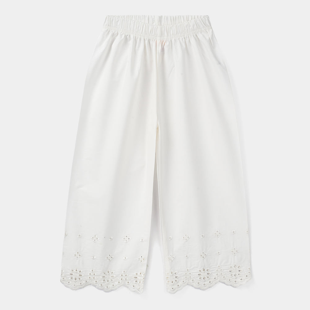 Girls Cotton Embroidered Pants Floral - White