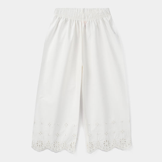 Girls Cotton Embroidered Pant Floral - White