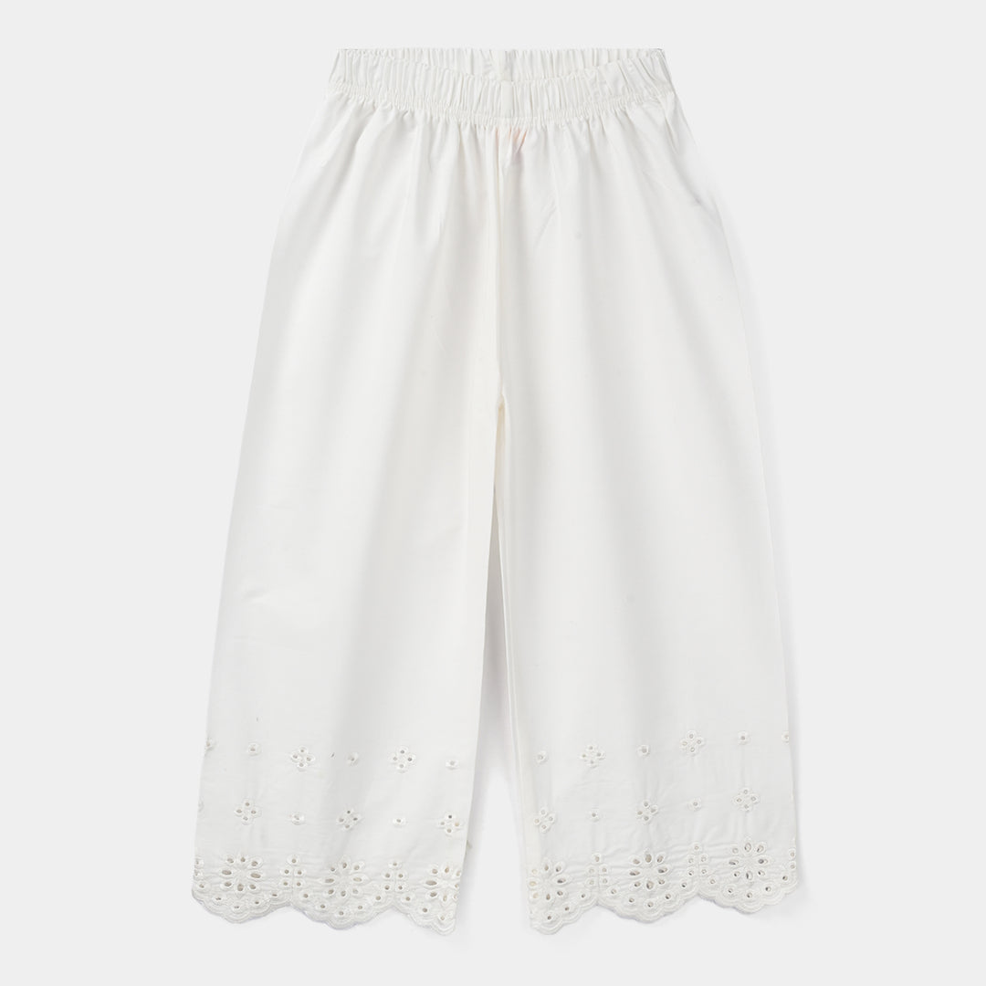 Girls Cotton Embroidered Pant Floral - White