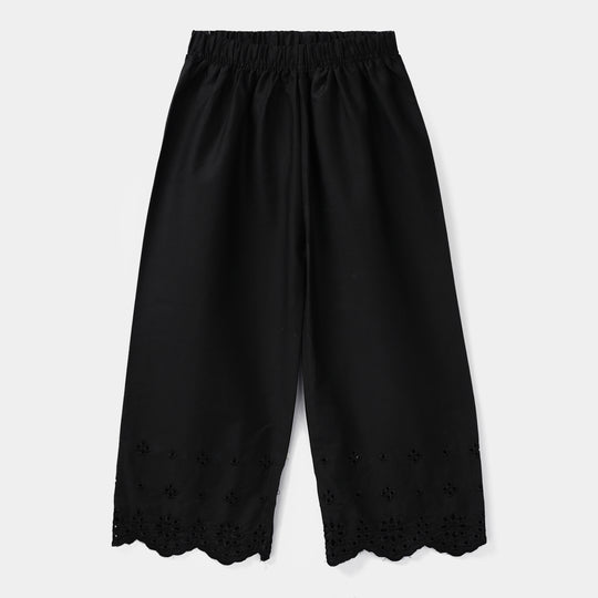Girls Cotton Embroidered Pant Floral - Black