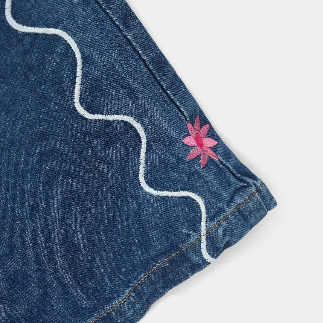 Girls Denim Rigid Dangri Flowers - Mid Blue