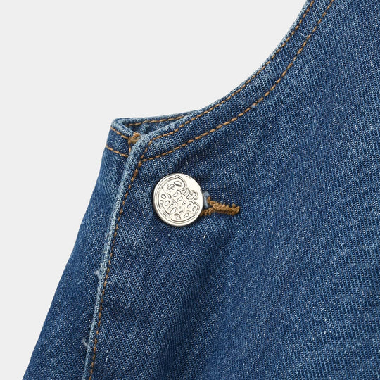 Girls Denim Rigid Dangri Flowers - Mid Blue