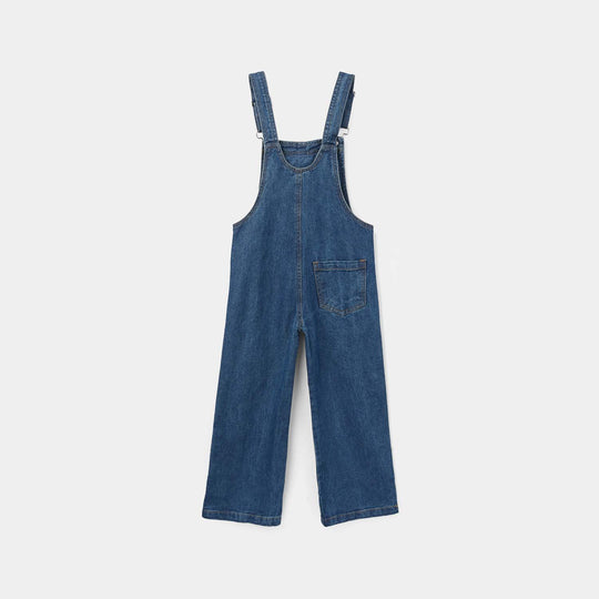 Girls Denim Rigid Dangri Flowers - Mid Blue