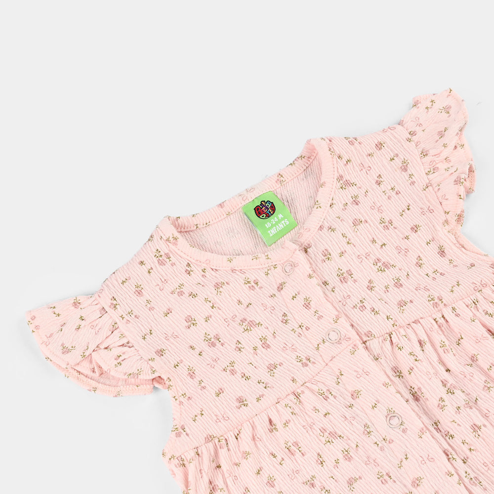 Infant Girls Poly Crinkle Knitted Romper (Nature Spoke) - Pink