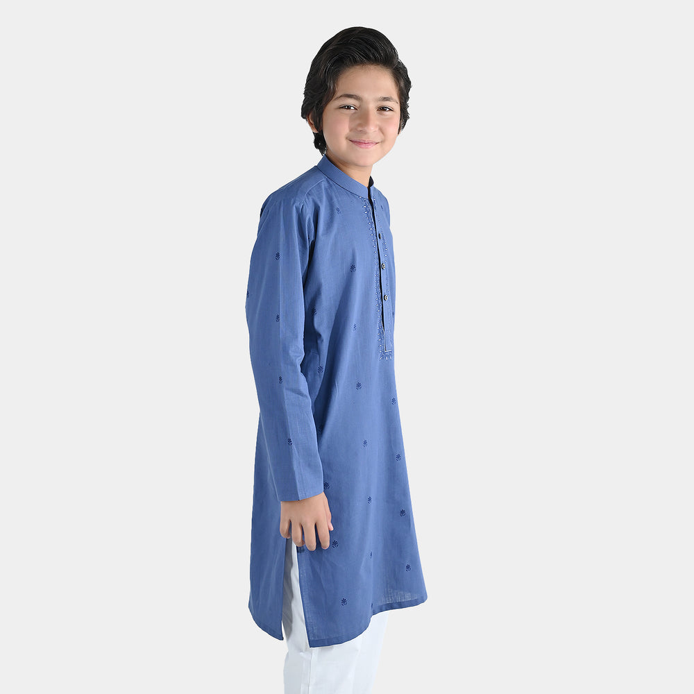 Boys Cotton Slub Printed Kurta (Metallic) - Blue