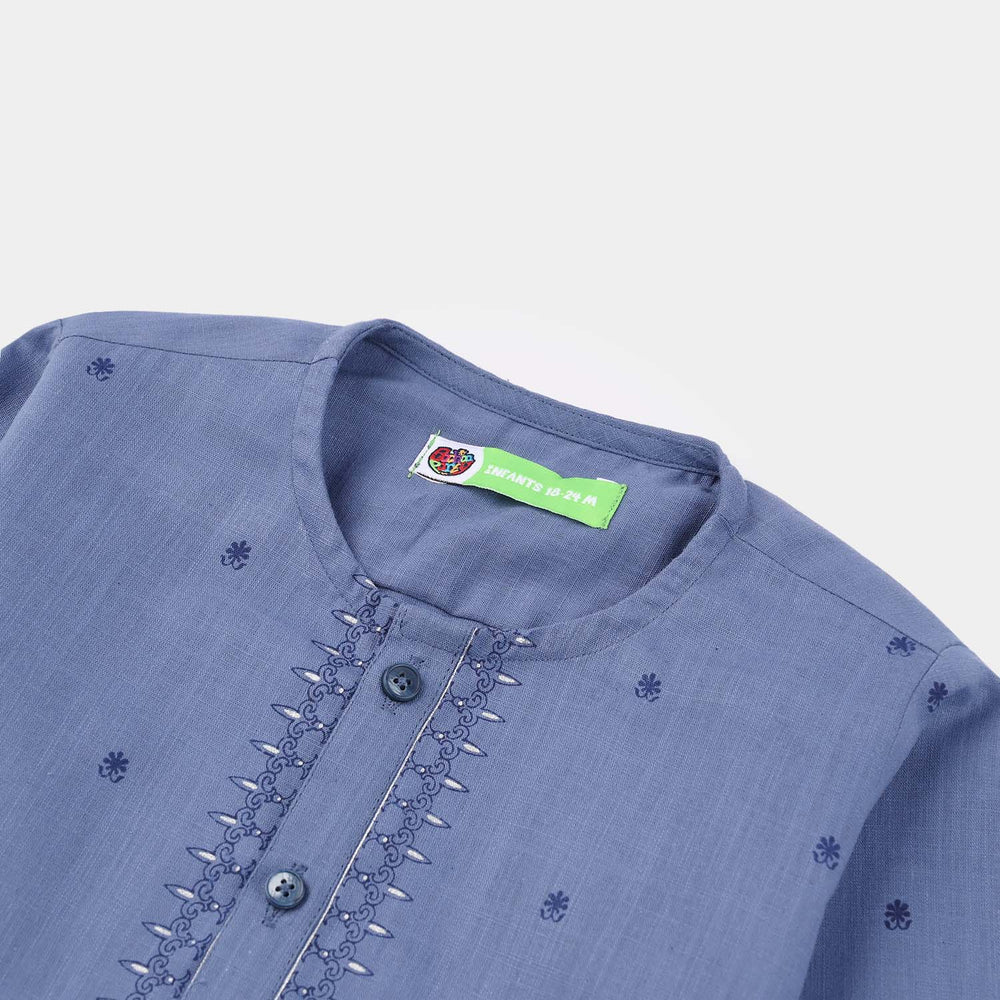 Infant Boys Cotton Slub Printed Kurta (Metallic) - Blue