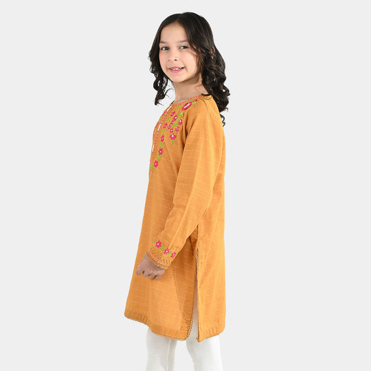 Girls Dobby Embroidered Kurti (Rabab) - Mustard