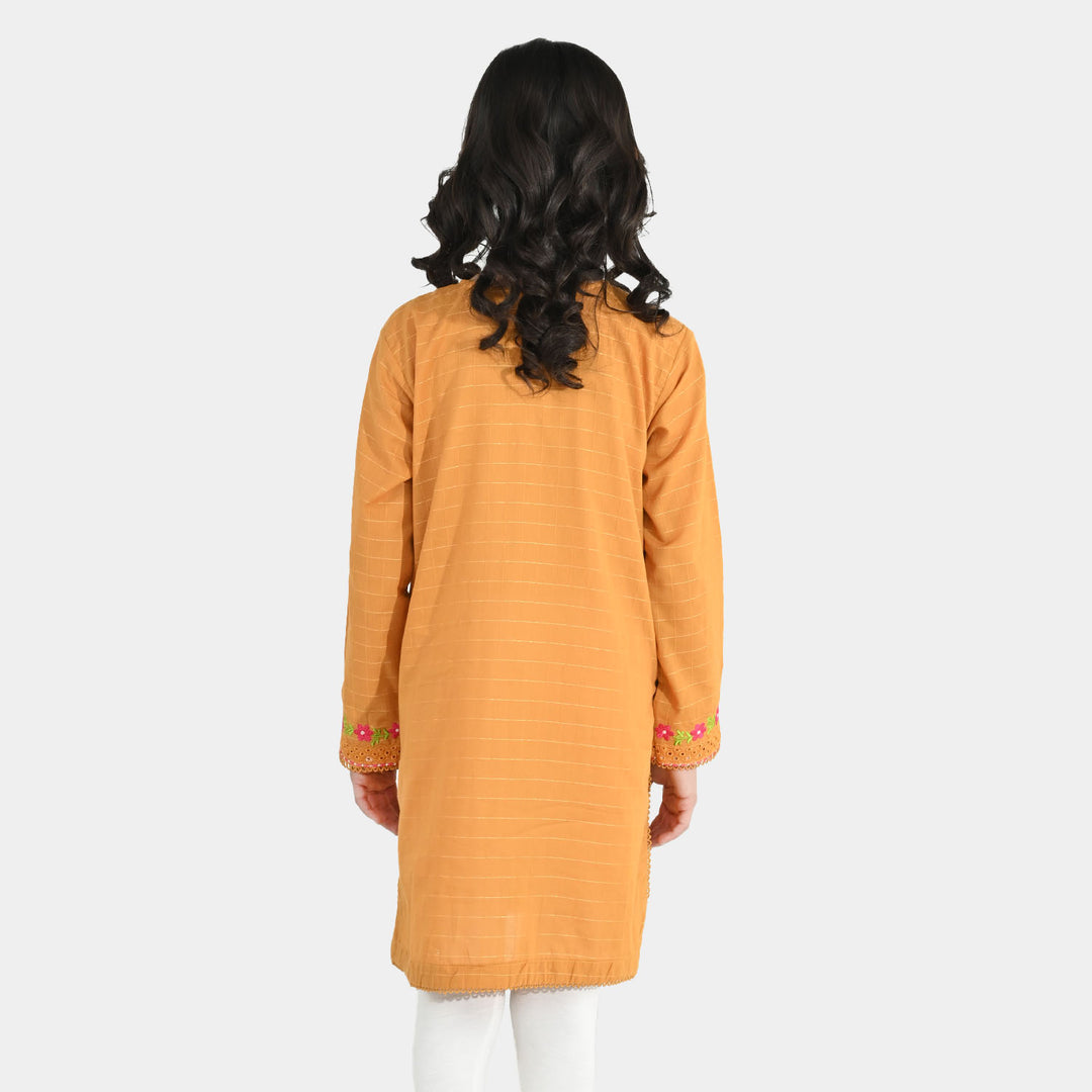 Girls Dobby Embroidered Kurti (Rabab) - Mustard