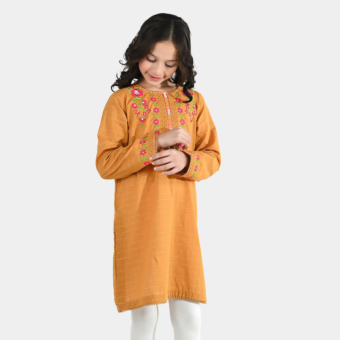 Girls Dobby Embroidered Kurti (Rabab) - Mustard