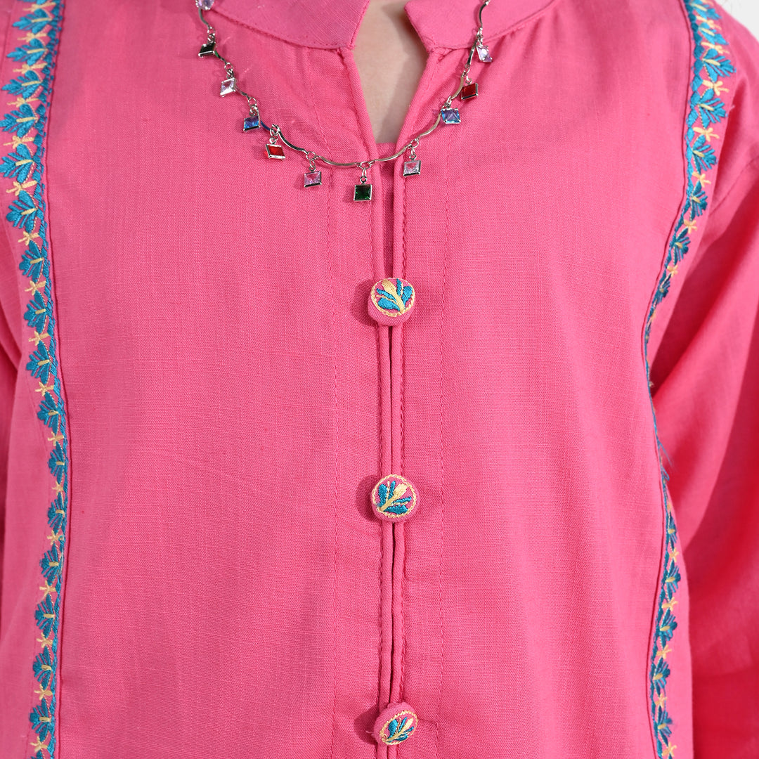 Girls Cotton Slub Embroidered Kurti Sapno ki Rani - Rose Pink