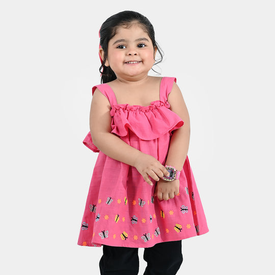 Infant Girls Cotton Slub Embroidered Kurti (Noor-E-Titli) - Rose Pink
