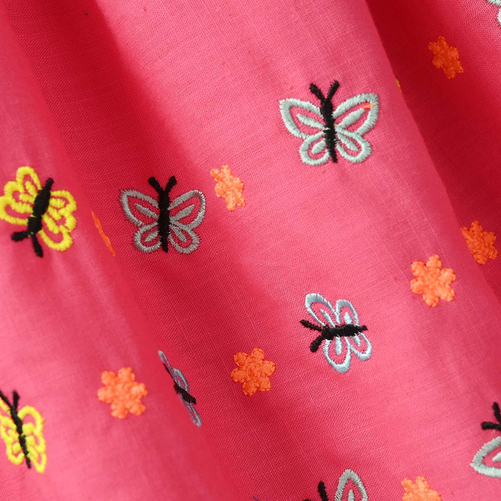 Infant Girls Cotton Slub Embroidered Kurti (Noor-E-Titli) - Rose Pink