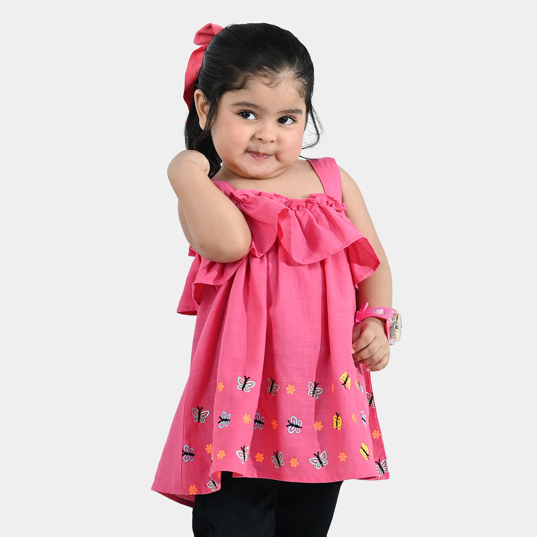 Infant Girls Cotton Slub Embroidered Kurti (Noor-E-Titli) - Rose Pink