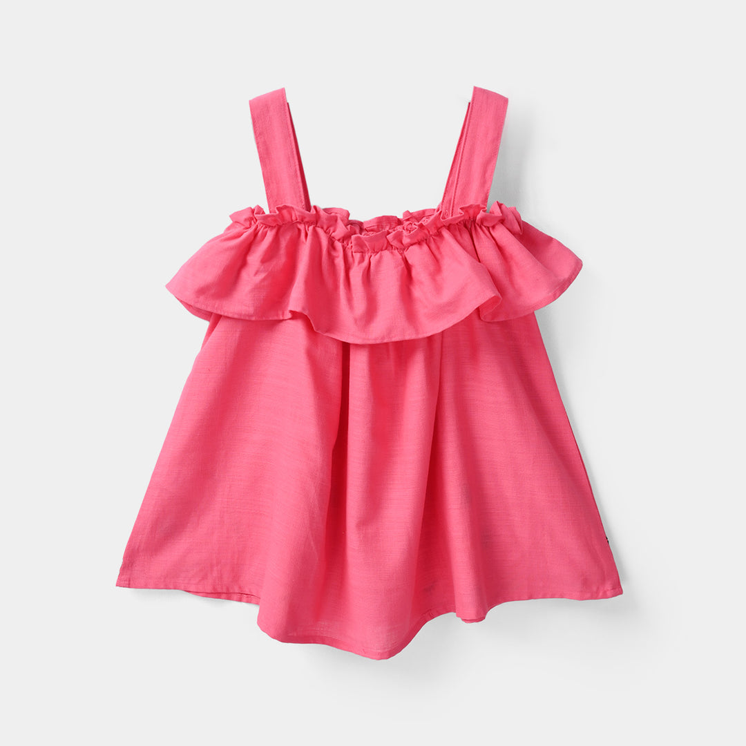 Infant Girls Cotton Slub Embroidered Kurti (Noor-E-Titli) - Rose Pink