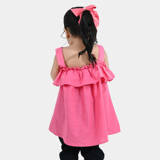 Infant Girls Cotton Slub Embroidered Kurti (Noor-E-Titli) - Rose Pink