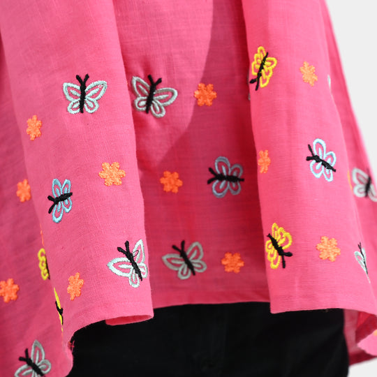 Infant Girls Cotton Slub Embroidered Kurti (Noor-E-Titli) - Rose Pink