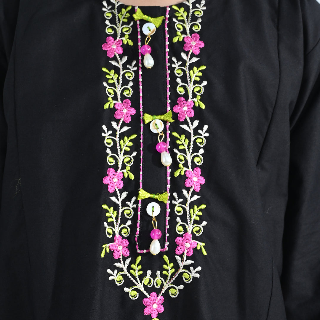 Girls Cotton Embroidered Kurti (Nargis) – Black