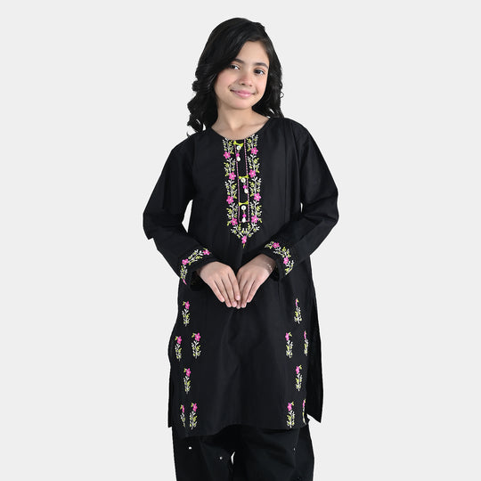 Girls Cotton Embroidered Kurti (Nargis) – Black