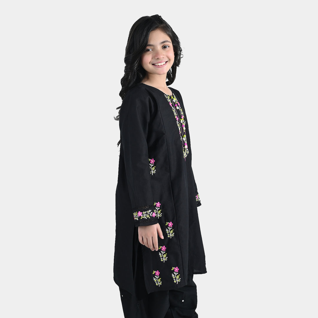 Girls Cotton Embroidered Kurti (Nargis) – Black
