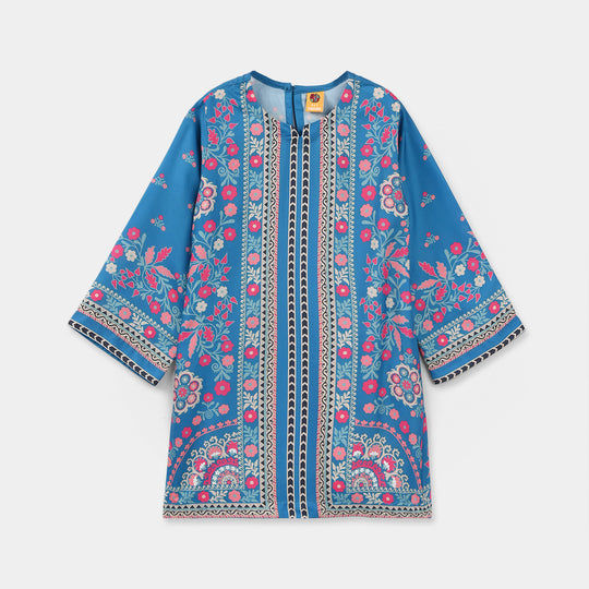 Girls Poly Lawn Printed Kurti (Mandala) – Blue
