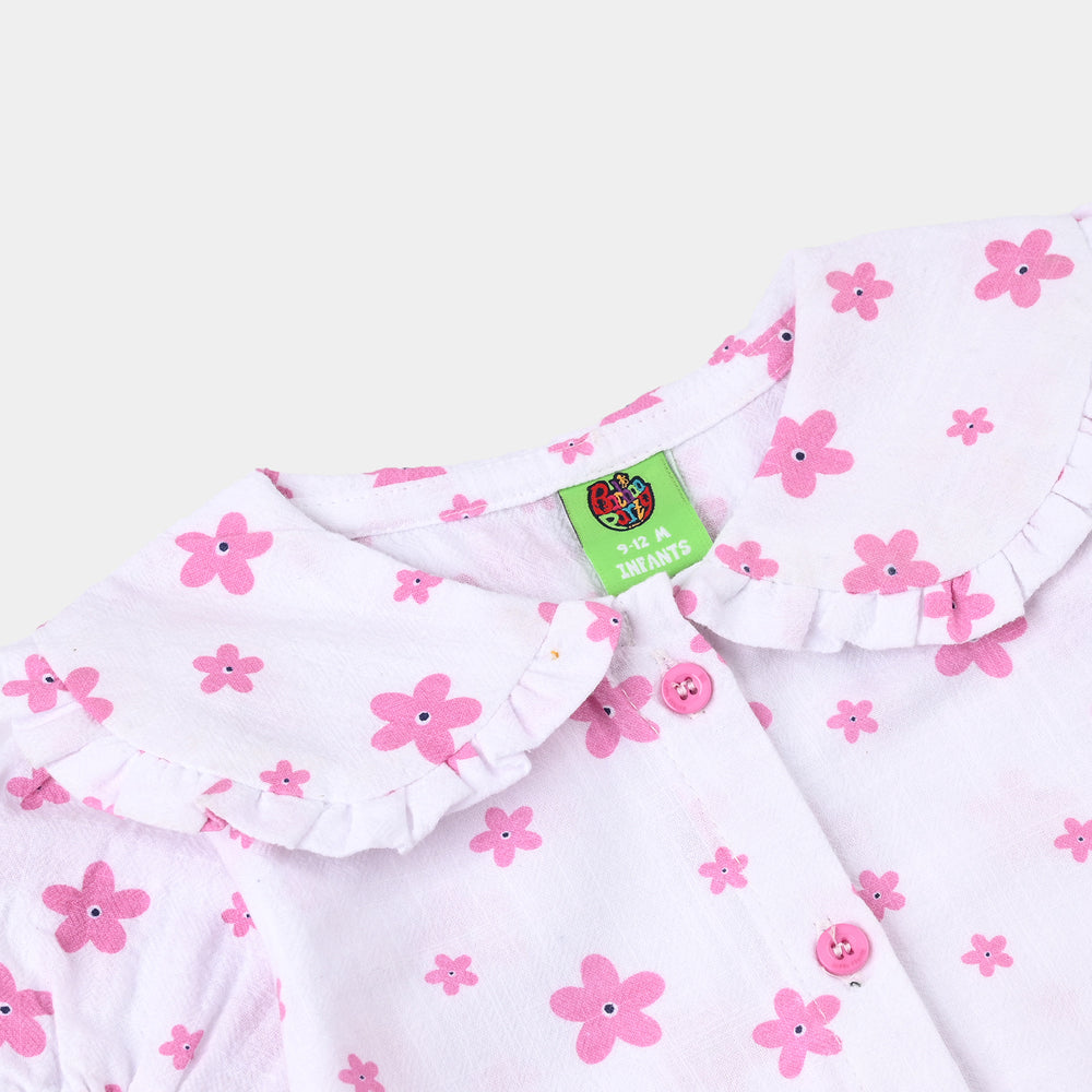 Infant Girls Cotton Woven Romper (Petal Play) - White