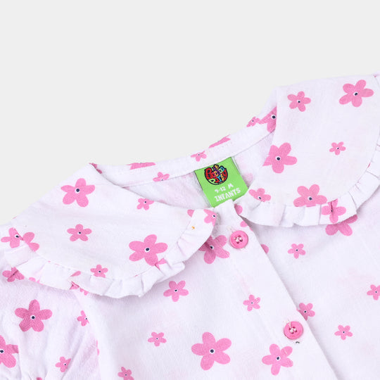 Infant Girls Cotton Woven Romper (Petal Play) - White