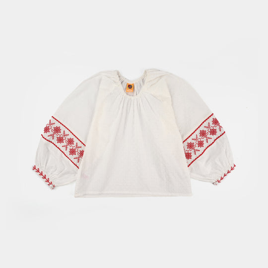 Girls Cotton Emb Top (Reddish) - White