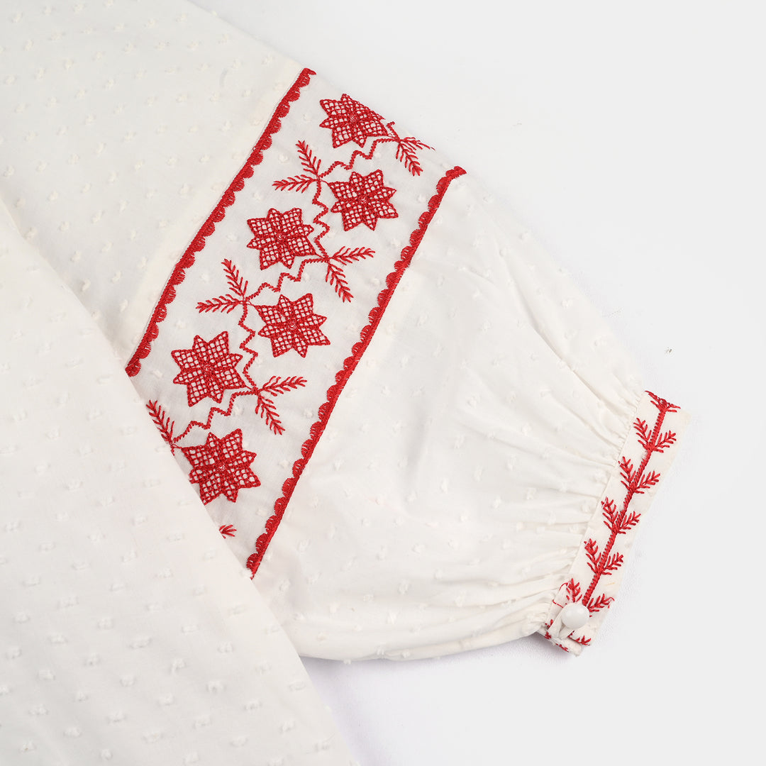 Girls Cotton Emb Top (Reddish) - White