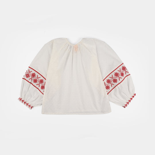 Girls Cotton Emb Top (Reddish) - White