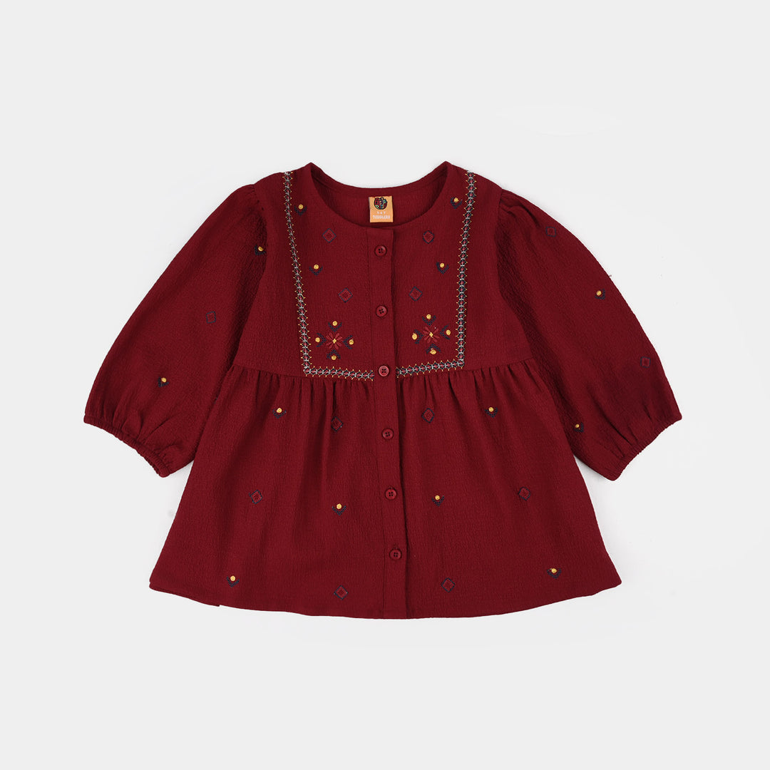 Girls Poly Crinkle Embroidered Top (Desi Tribal) - Maroon