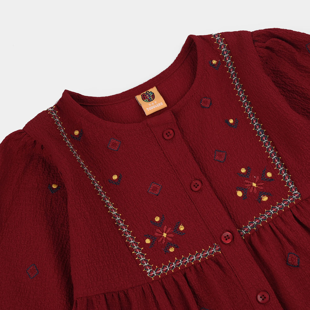 Girls Poly Crinkle Embroidered Top (Desi Tribal) - Maroon