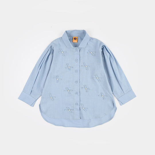 Girls Cotton Slub Top Blue Bow