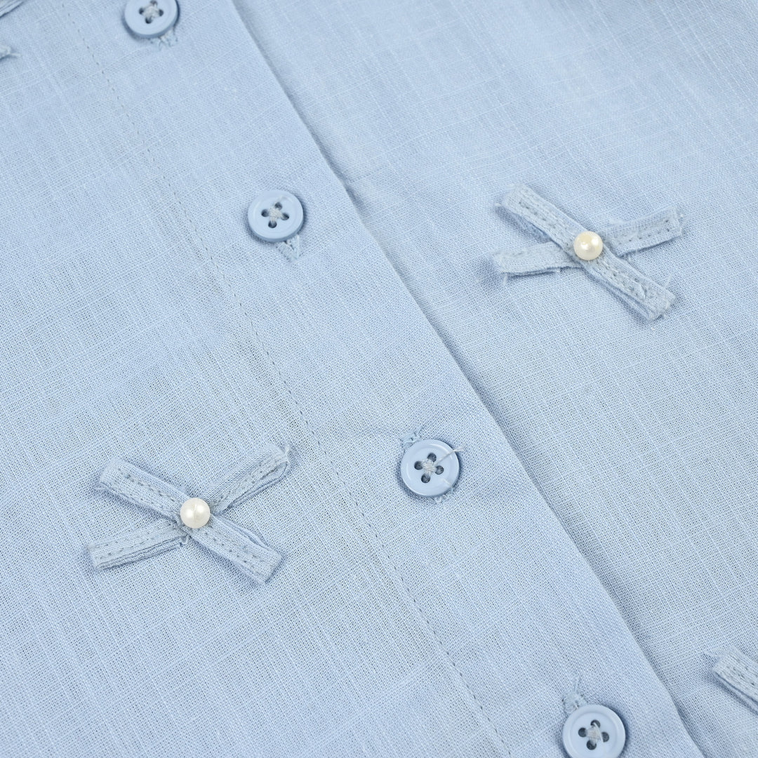 Girls Cotton Slub Top Blue Bow