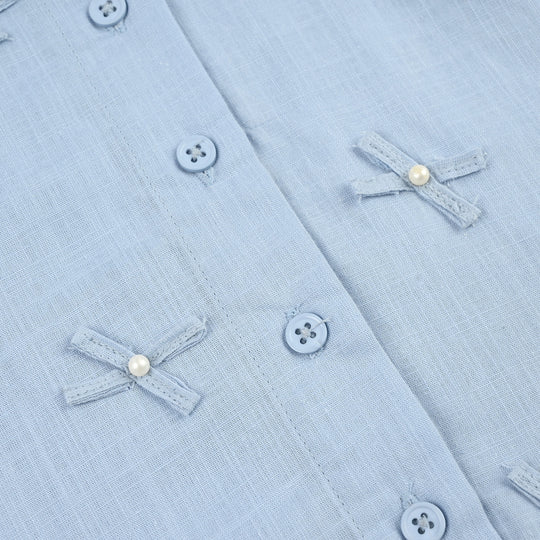 Girls Cotton Slub Top Blue Bow