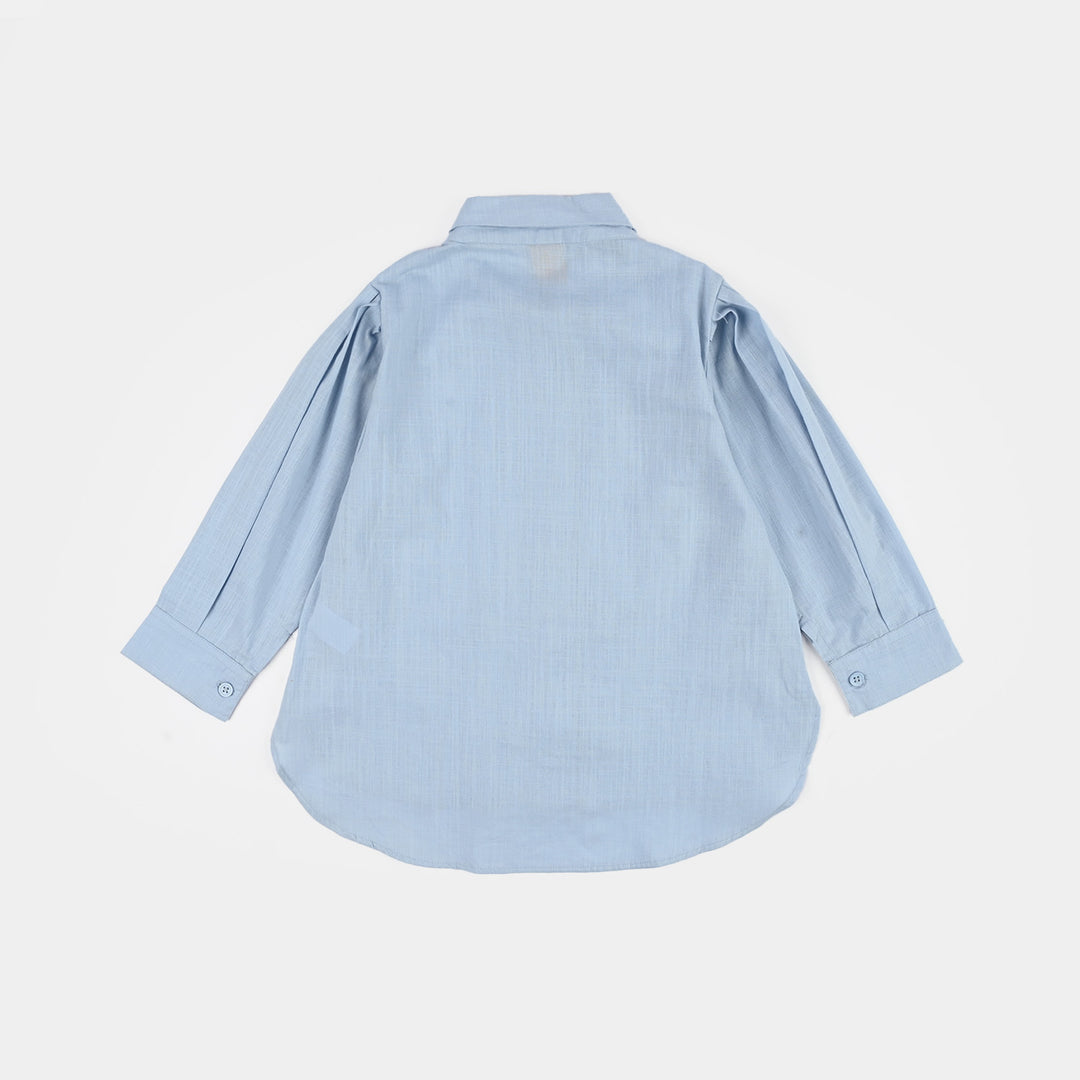 Girls Cotton Slub Top Blue Bow