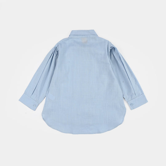 Girls Cotton Slub Top Blue Bow