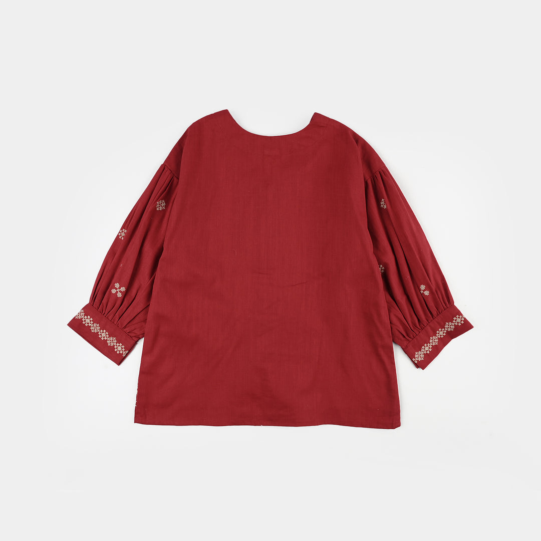 Girls Cotton Slub Embroidered Top (Red Cross Stitch) - Maroon