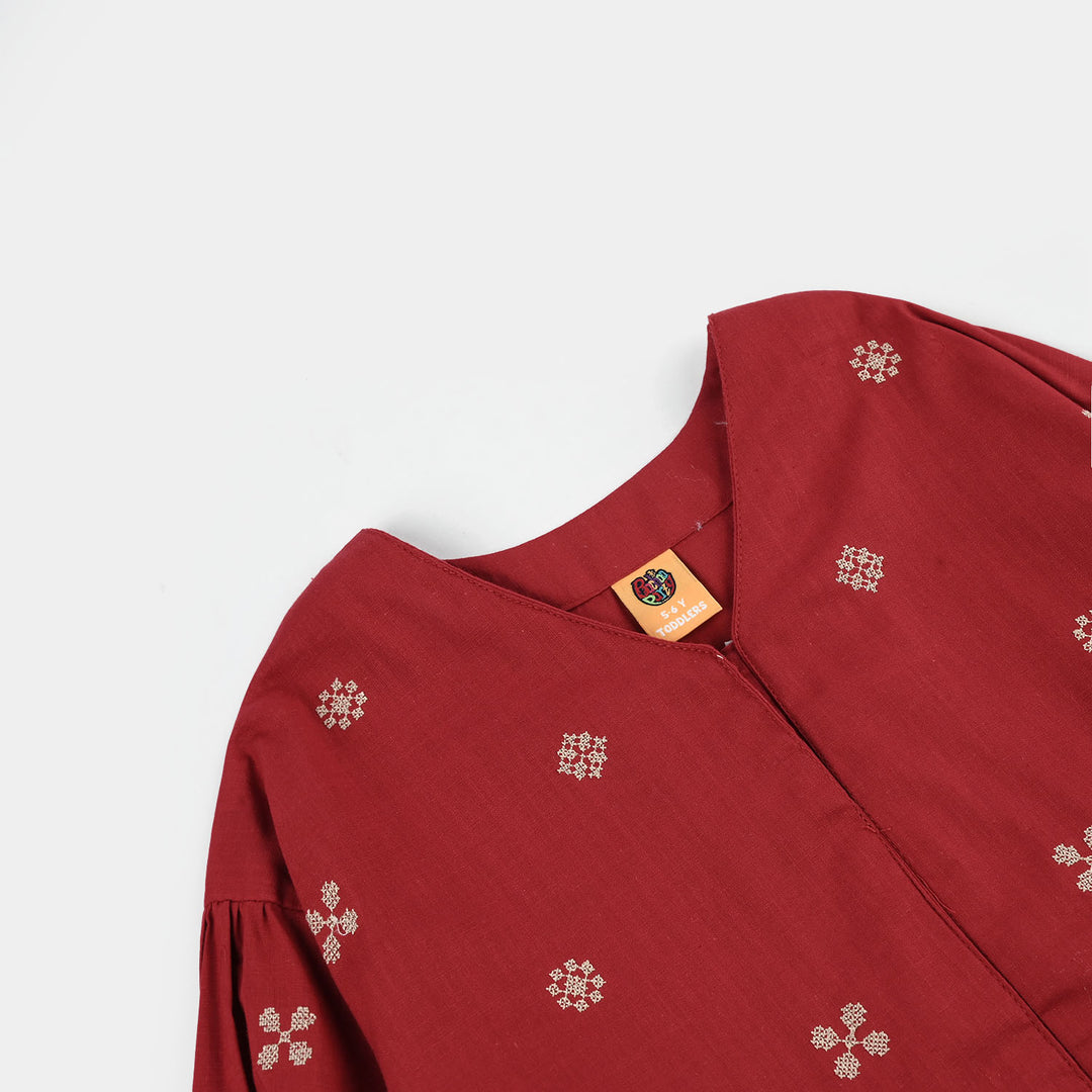 Girls Cotton Slub Embroidered Top (Red Cross Stitch) - Maroon