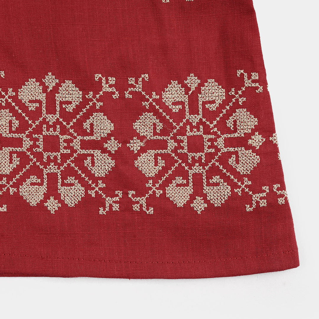 Girls Cotton Slub Embroidered Top (Red Cross Stitch) - Maroon