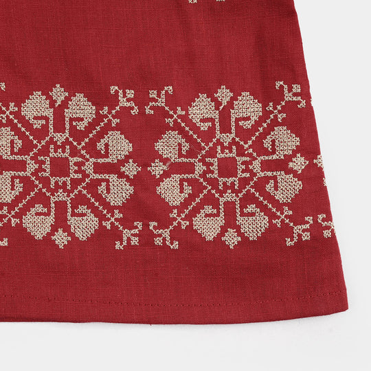 Girls Cotton Slub Embroidered Top (Red Cross Stitch) - Maroon