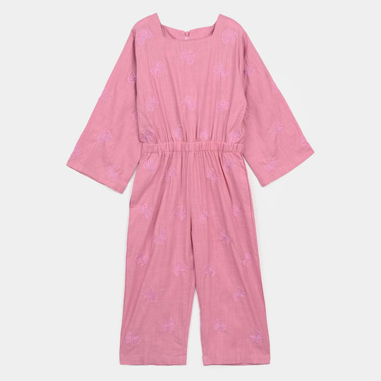 Girls Cotton Slub Embroidered  Jumpsuit (Butterfly) - Pink