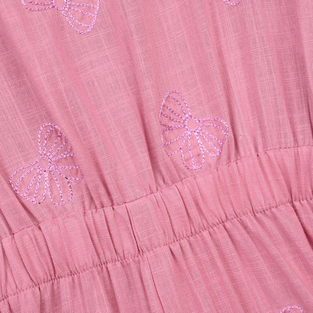 Girls Cotton Slub Embroidered  Jumpsuit (Butterfly) - Pink