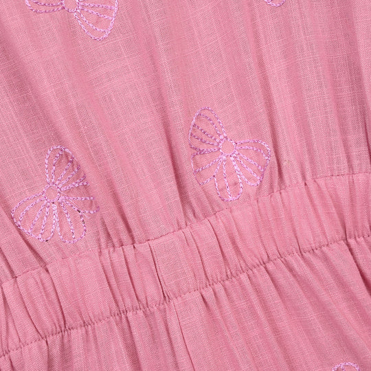Girls Cotton Slub Embroidered  Jumpsuit (Butterfly) - Pink