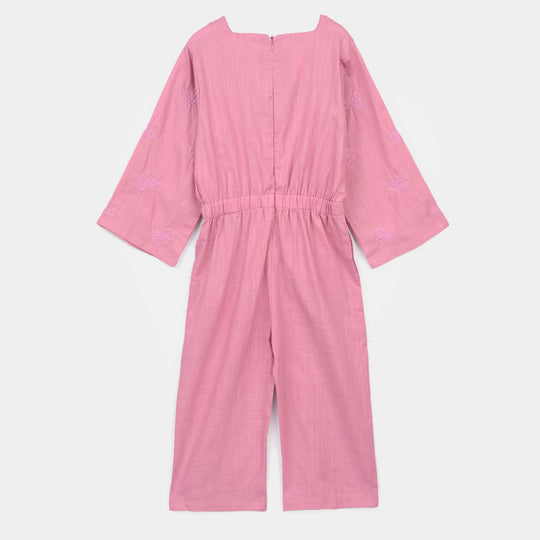 Girls Cotton Slub Embroidered  Jumpsuit (Butterfly) - Pink
