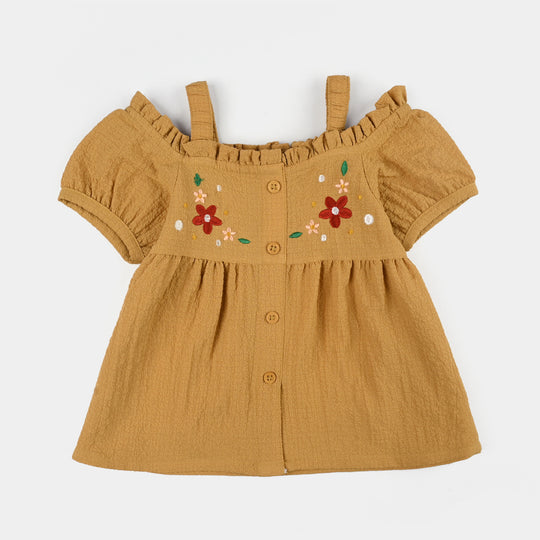 Infant Girls Poly Cambric Embroidered Top (Crochet Butterfly) - Khaki