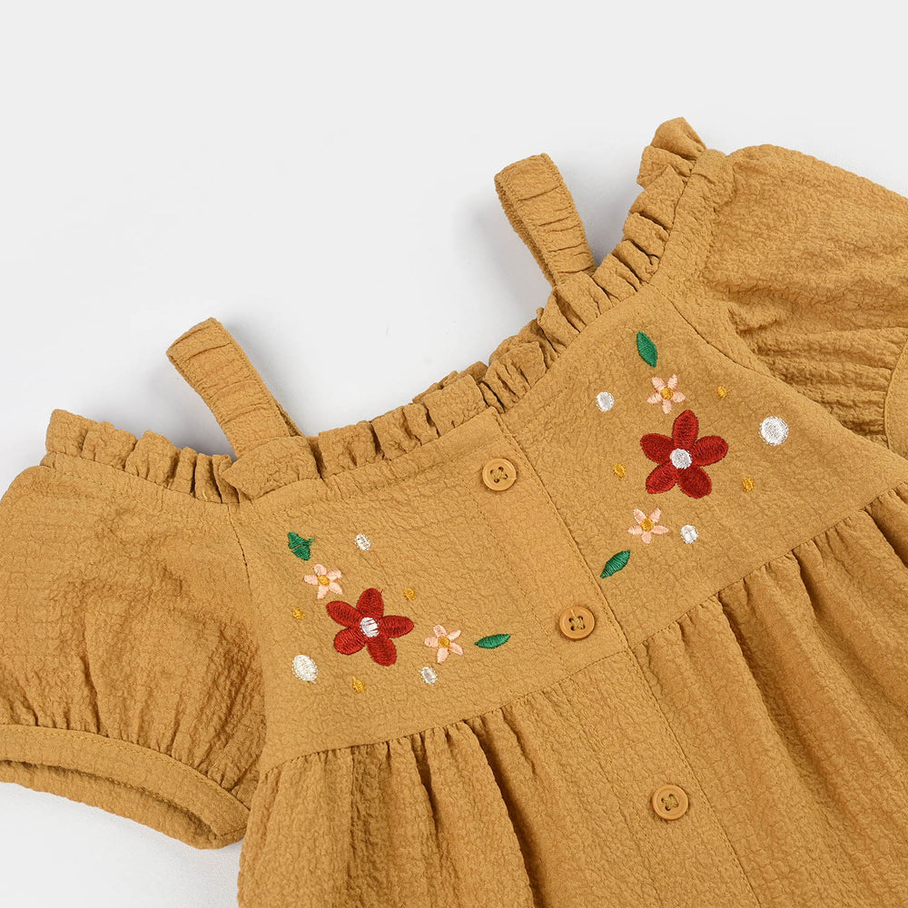 Infant Girls Poly Cambric Embroidered Top (Crochet Butterfly) - Khaki